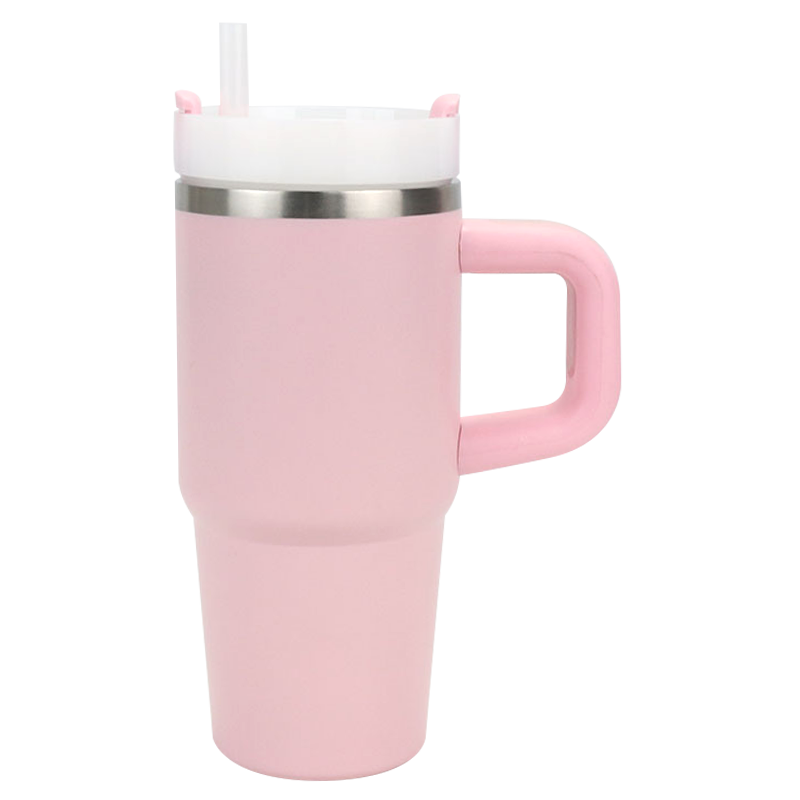 360ml Pink AS Plastic Cup Lid Stainless Steel Handle Car Tumbler