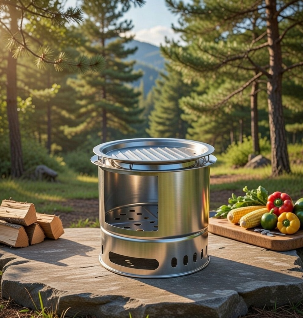 Portable stainless steel wood burning camping stove with grill lid in forest campsite, surrounded by fresh vegetables and firewood