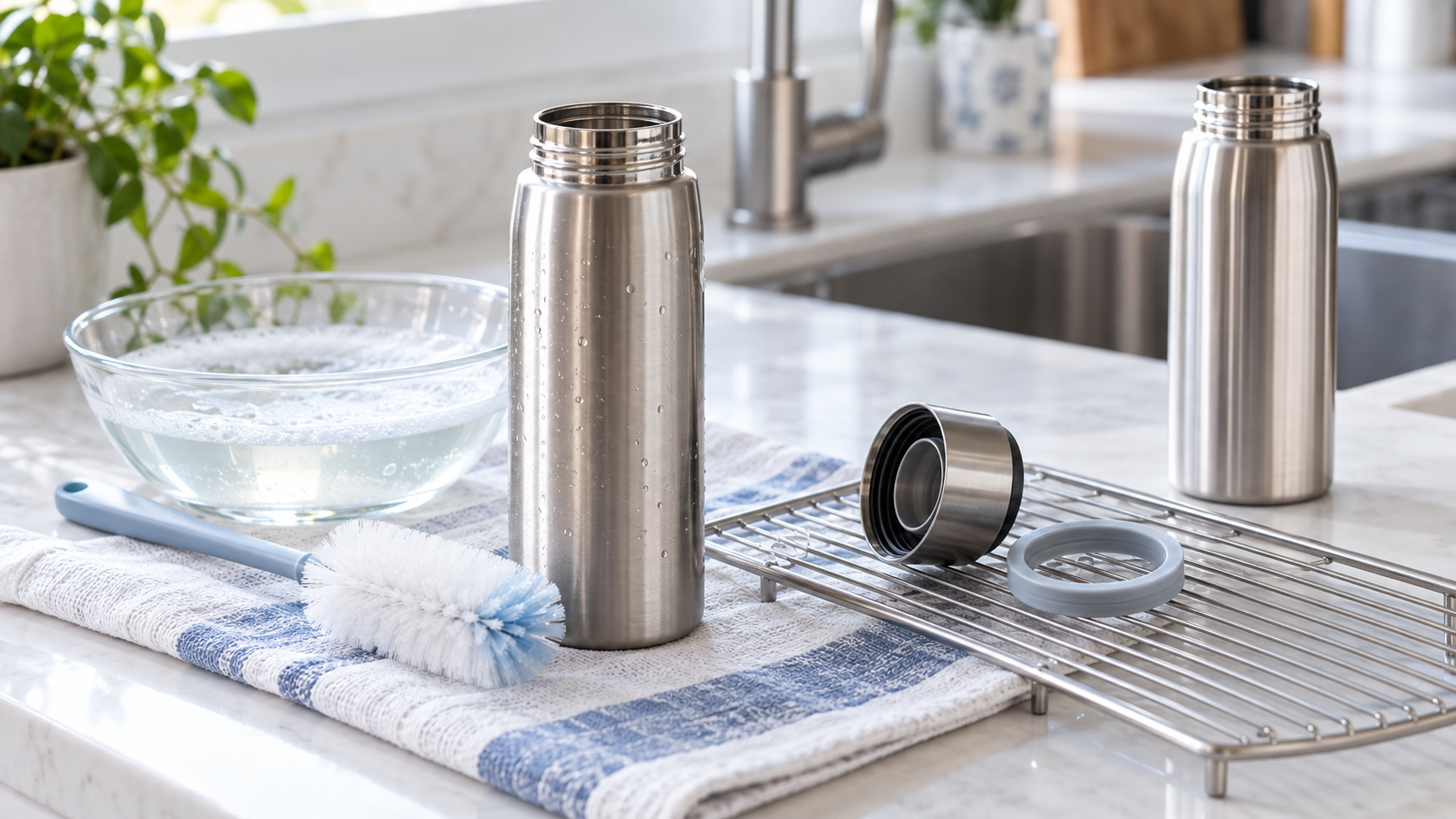 Stainless steel vacuum flasks air-drying with detached lids, a silicone sealing ring and a cleaning brush.